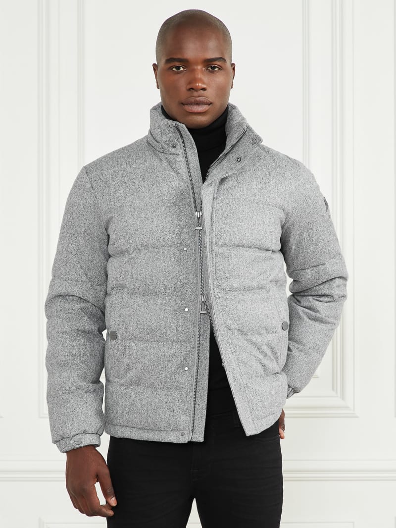 Guess Hooded Puffer Jacket - Grey Herringbone Melange Guess Hooded Puffer Jacket - Grey Herringbone Melange