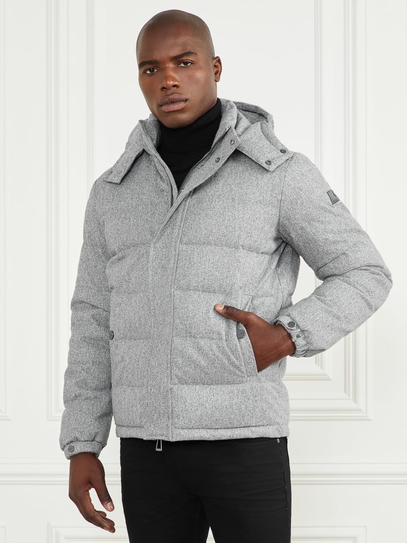 Guess Hooded Puffer Jacket - Grey Herringbone Melange Guess Hooded Puffer Jacket - Grey Herringbone Melange