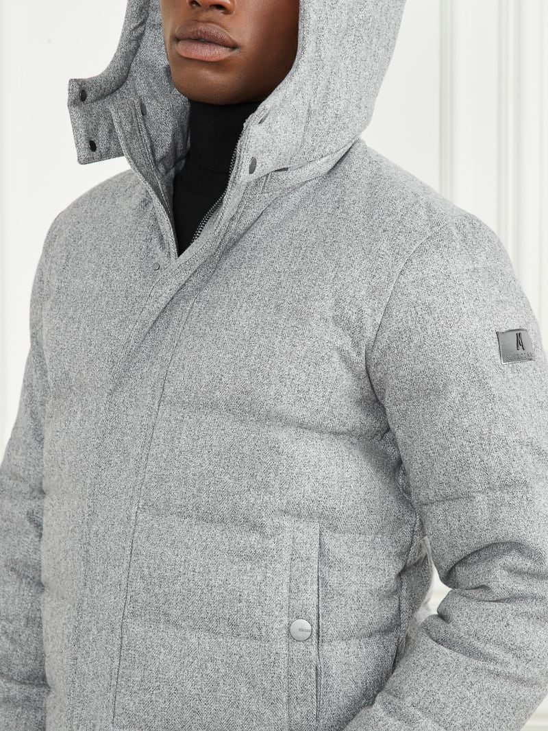 Guess Hooded Puffer Jacket - Grey Herringbone Melange Guess Hooded Puffer Jacket - Grey Herringbone Melange