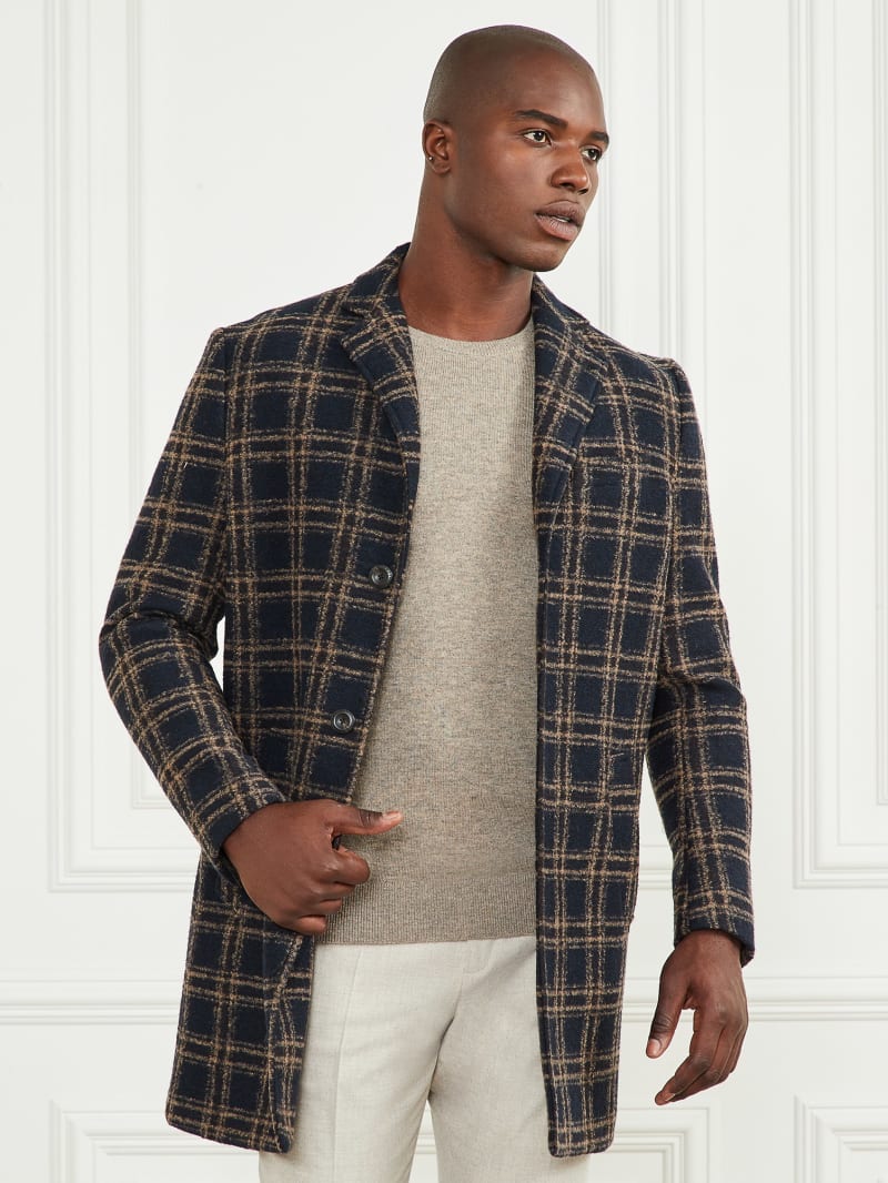 Guess Daily Single Breasted Wool-Blend Coat - Blue Brown Macrocheck Guess Daily Single Breasted Wool-Blend Coat - Blue Brown Macrocheck