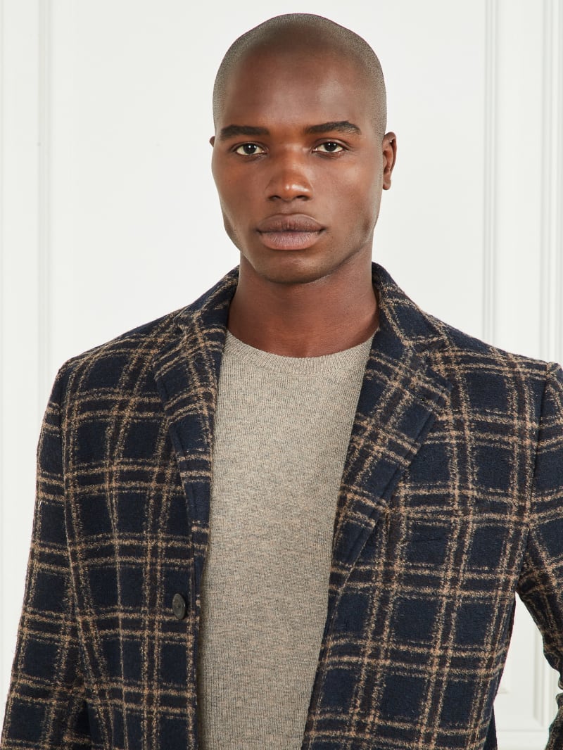 Guess Daily Single Breasted Wool-Blend Coat - Blue Brown Macrocheck Guess Daily Single Breasted Wool-Blend Coat - Blue Brown Macrocheck