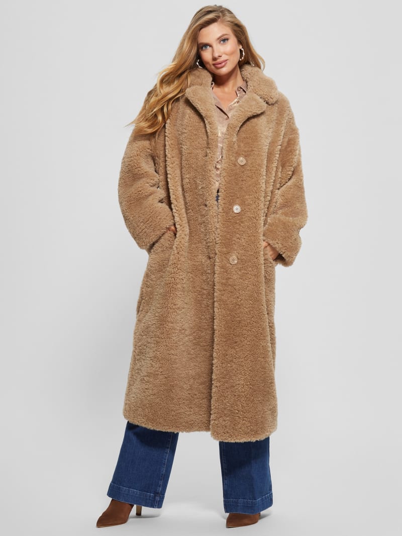 Guess Eco Alina Teddy Longline Coat - Wet Sand Guess Eco Alina Teddy Longline Coat - Wet Sand