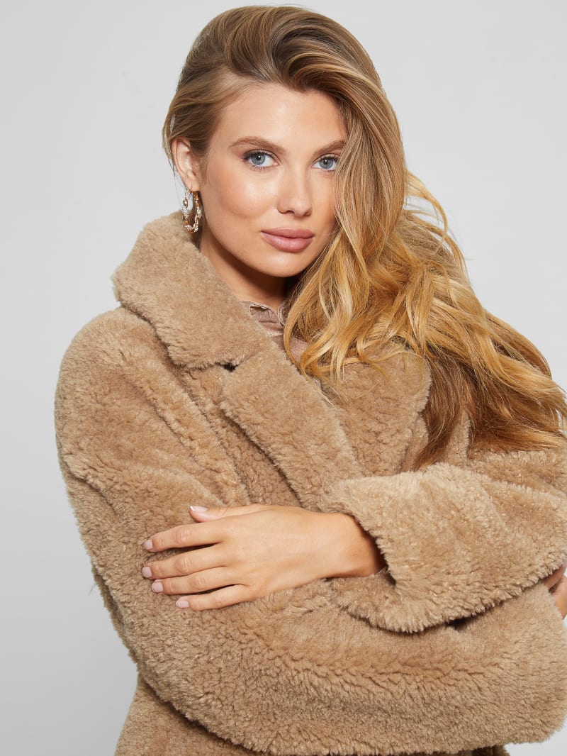 Guess Eco Alina Teddy Longline Coat - Wet Sand Guess Eco Alina Teddy Longline Coat - Wet Sand