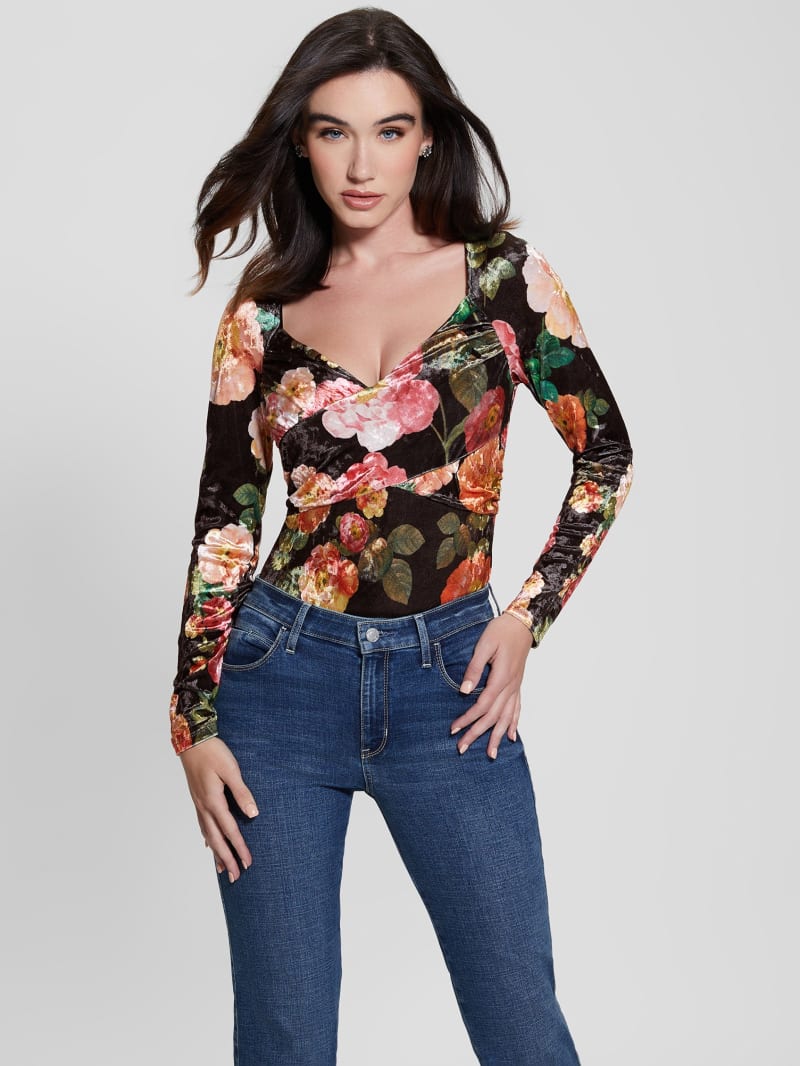 Guess Dianna Velvet Top - Peony Charm Print Black Guess Dianna Velvet Top - Peony Charm Print Black
