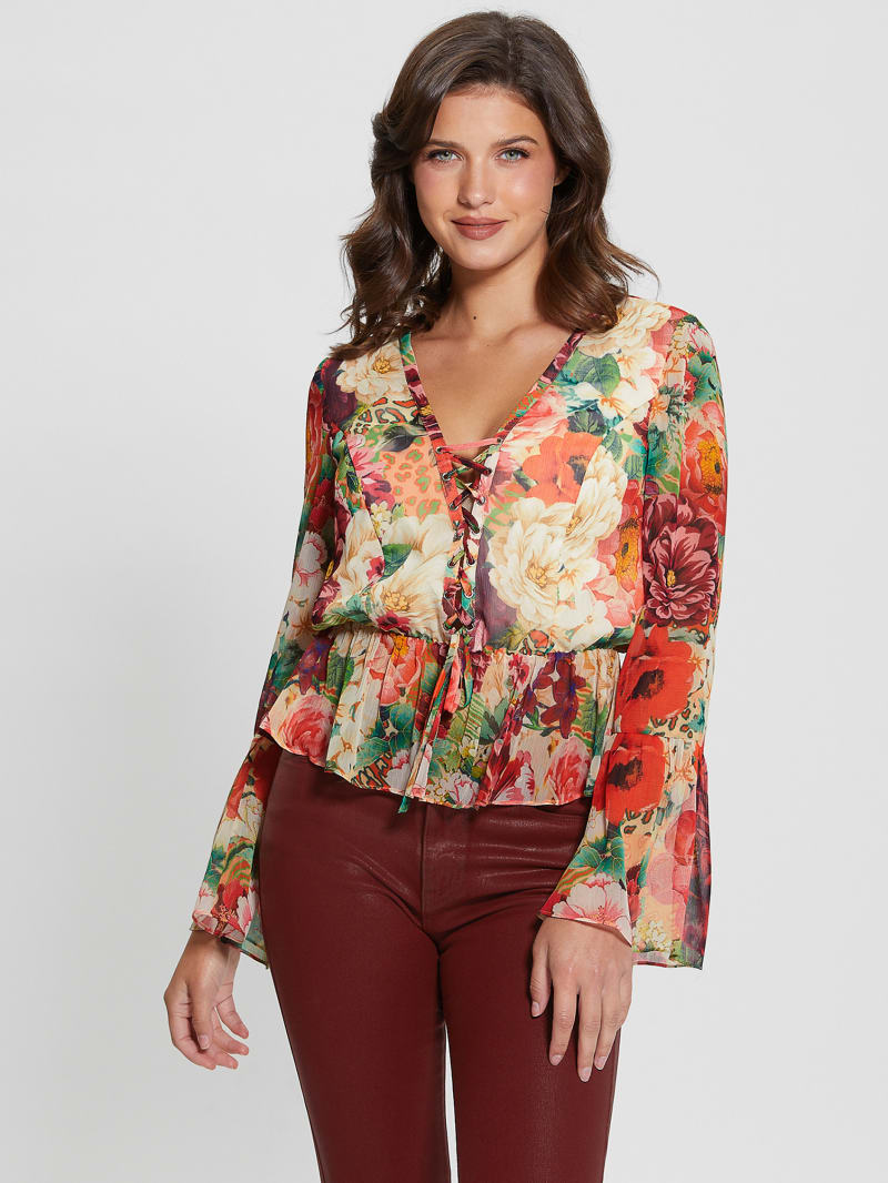 Guess Eco Demi Lace-Up Top - Peony Animal Print Guess Eco Demi Lace-Up Top - Peony Animal Print
