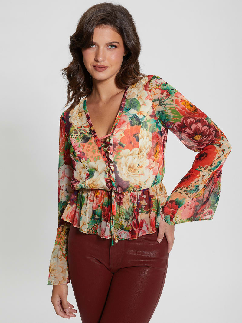 Guess Eco Demi Lace-Up Top - Peony Animal Print Guess Eco Demi Lace-Up Top - Peony Animal Print