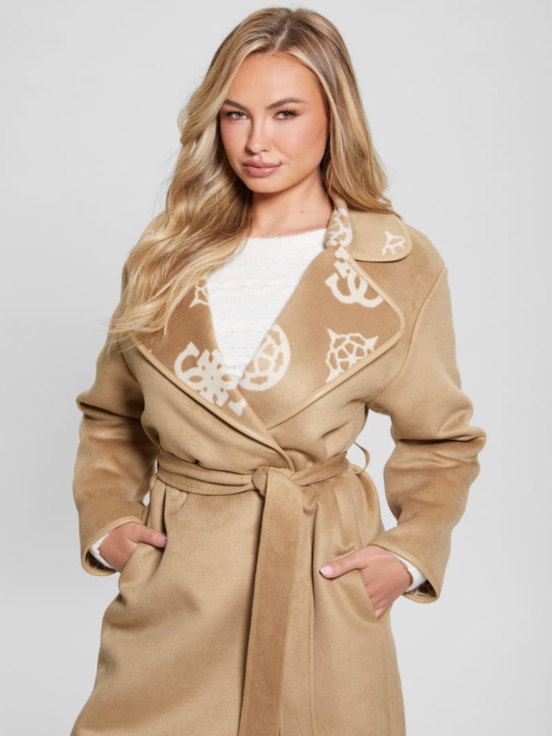 Guess Ludovica Wool-Blend Wrap Coat - Jacquard Logo Beige Combo Guess Ludovica Wool-Blend Wrap Coat - Jacquard Logo Beige Combo