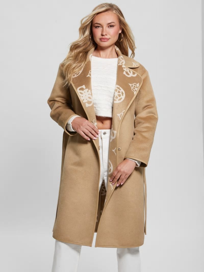 Guess Ludovica Wool-Blend Wrap Coat - Jacquard Logo Beige Combo Guess Ludovica Wool-Blend Wrap Coat - Jacquard Logo Beige Combo