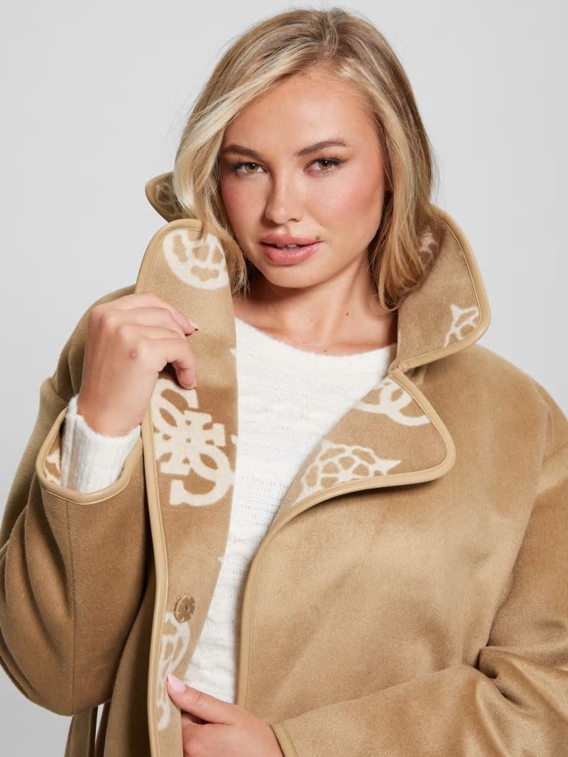 Guess Ludovica Wool-Blend Wrap Coat - Jacquard Logo Beige Combo Guess Ludovica Wool-Blend Wrap Coat - Jacquard Logo Beige Combo