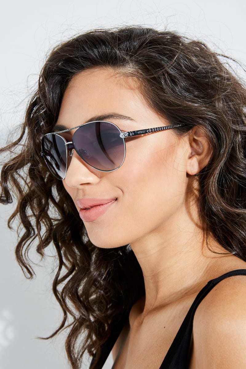 Guess Catherine Rhinestone Aviator Sunglasses - Beat Up Wash Guess Catherine Rhinestone Aviator Sunglasses - Beat Up Wash