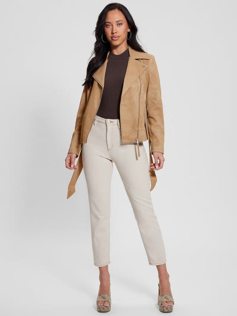 Guess New Agnes Belted Moto Jacket - Wet Sand Multi Guess New Agnes Belted Moto Jacket - Wet Sand Multi