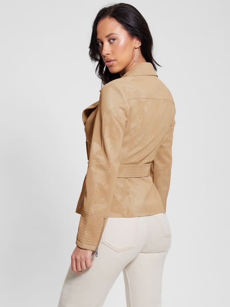 Guess New Agnes Belted Moto Jacket - Wet Sand Multi Guess New Agnes Belted Moto Jacket - Wet Sand Multi
