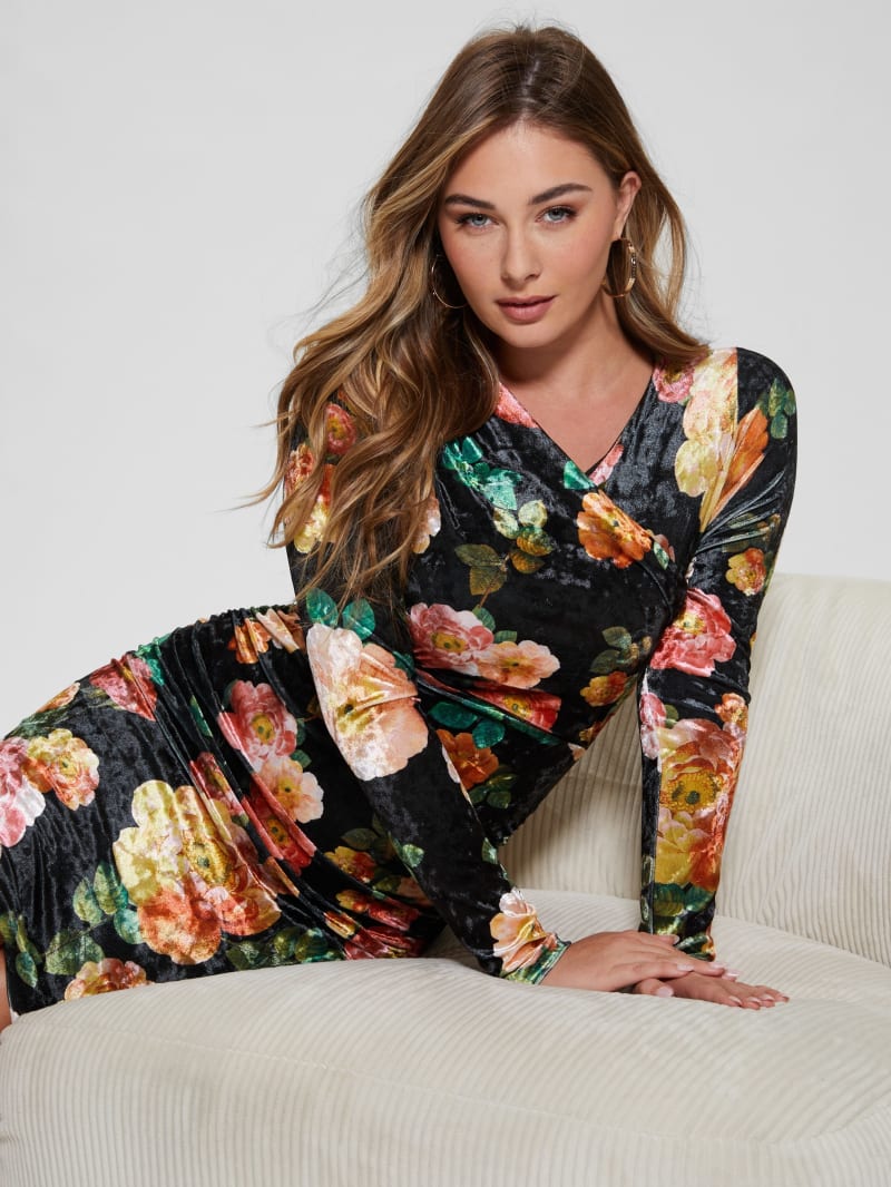 Guess Eco Tess Velvet Dress - Peony Charm Print Black Guess Eco Tess Velvet Dress - Peony Charm Print Black
