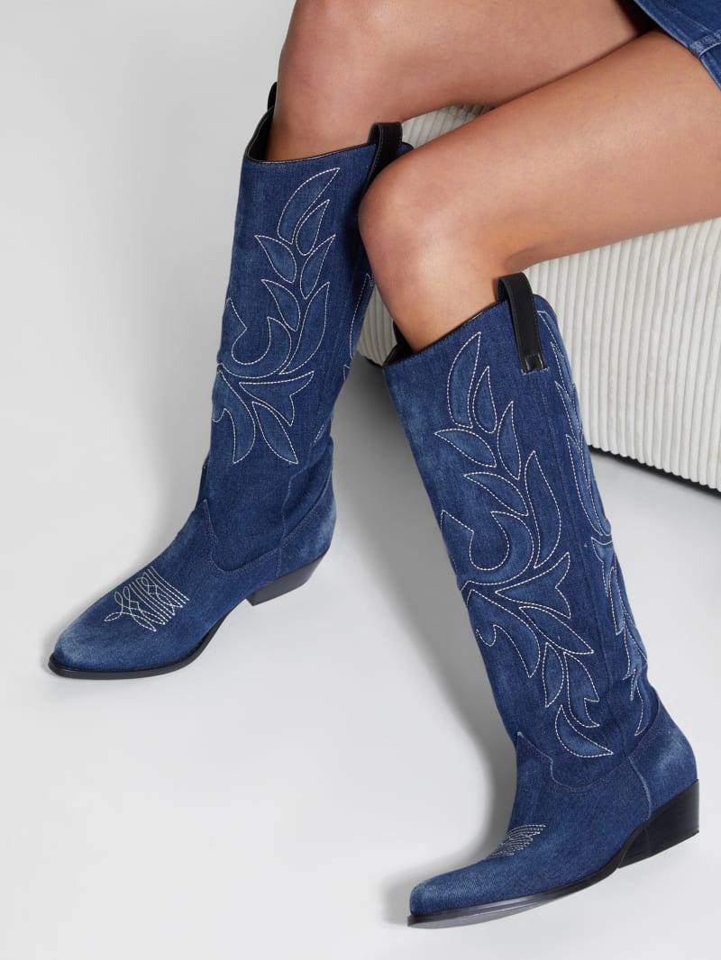 Guess Ginnifer Knee High Denim Cowboy Boots - Denim Tie Dye Guess Ginnifer Knee High Denim Cowboy Boots - Denim Tie Dye