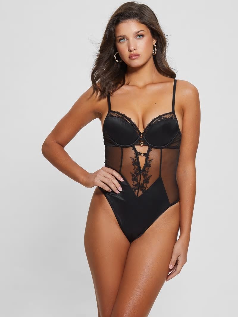 Guess Corynn Quattro G and Lace Bodysuit - Rhombus G Shiny Black Guess Corynn Quattro G and Lace Bodysuit - Rhombus G Shiny Black