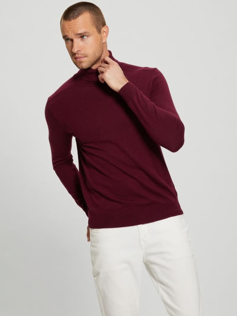 Guess Eco Aaron Silk-Blend Turtleneck Sweater - Maroon Noir Guess Eco Aaron Silk-Blend Turtleneck Sweater - Maroon Noir