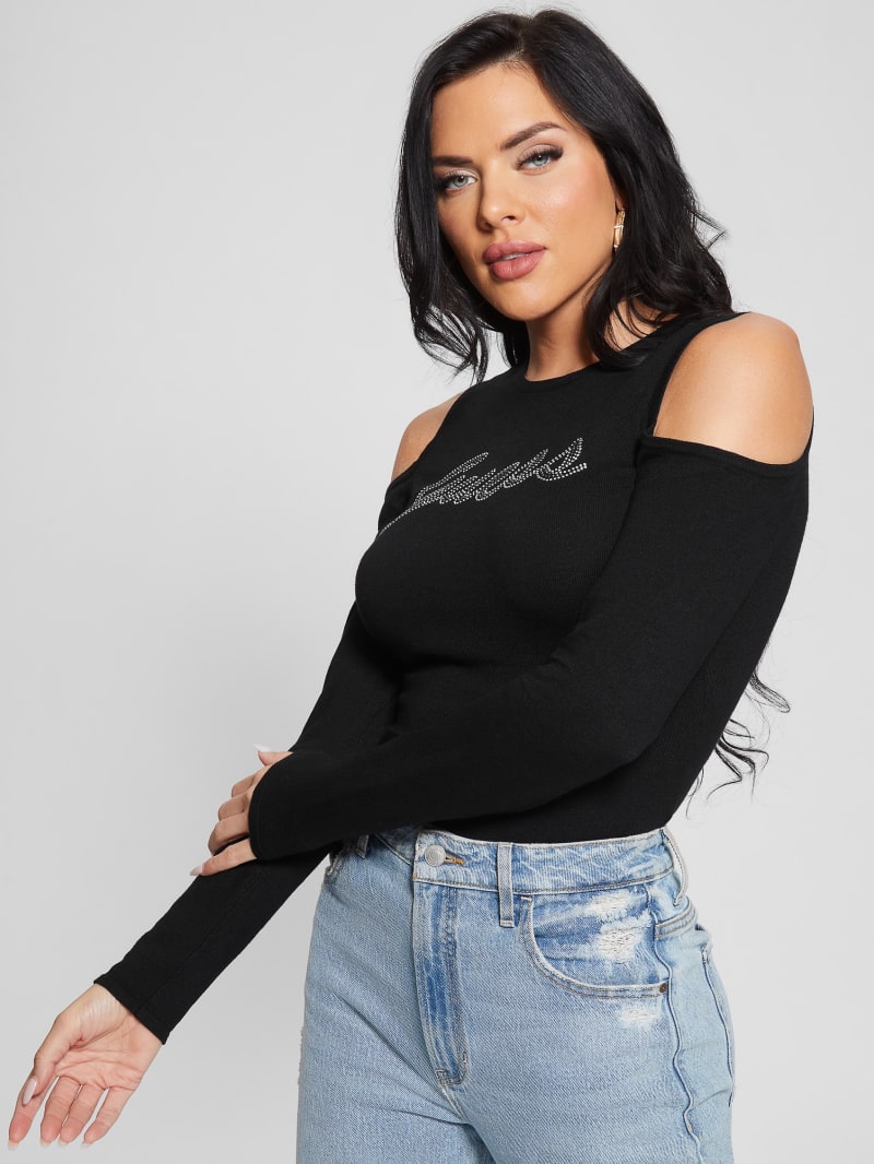Guess Signature Cold-Shoulder Sweater - Black Guess Signature Cold-Shoulder Sweater - Black