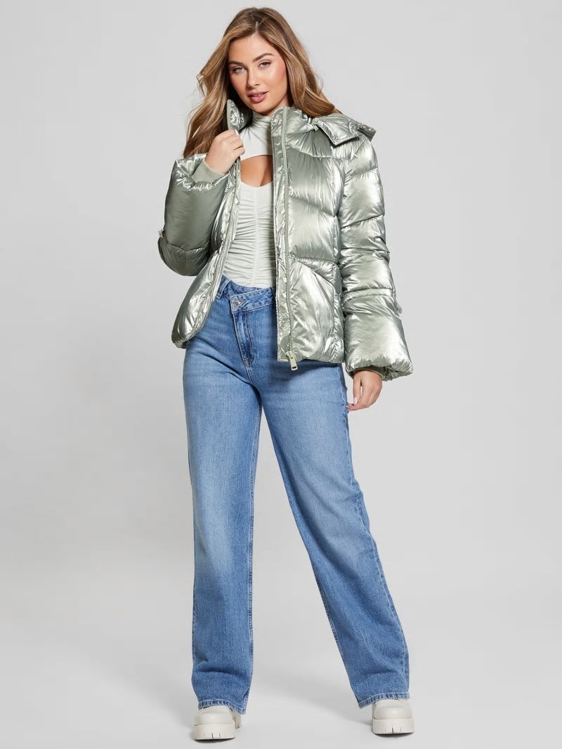 Guess Paloma Nylon Puffer Hooded Jacket - Sage Leaf Multi Guess Paloma Nylon Puffer Hooded Jacket - Sage Leaf Multi