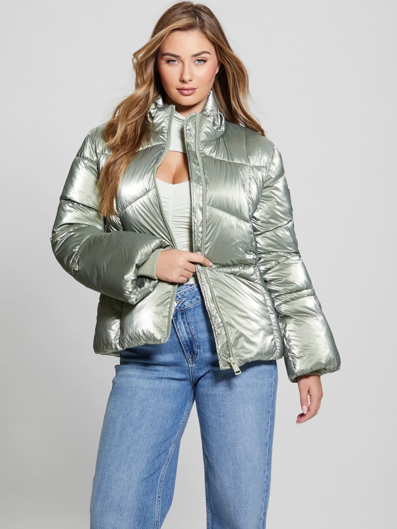 Guess Paloma Nylon Puffer Hooded Jacket - Sage Leaf Multi Guess Paloma Nylon Puffer Hooded Jacket - Sage Leaf Multi