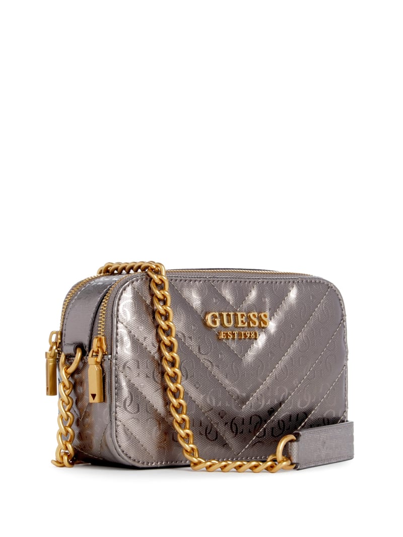 Guess Jania Metallic Quilted Camera Crossbody - Pewter Guess Jania Metallic Quilted Camera Crossbody - Pewter