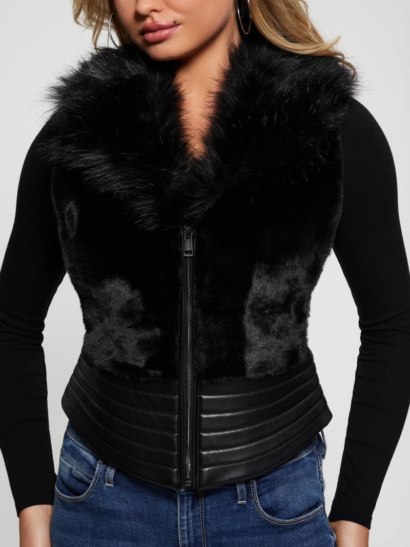 Guess Jodie Faux-Fur Vest - Jet Black Multi Guess Jodie Faux-Fur Vest - Jet Black Multi