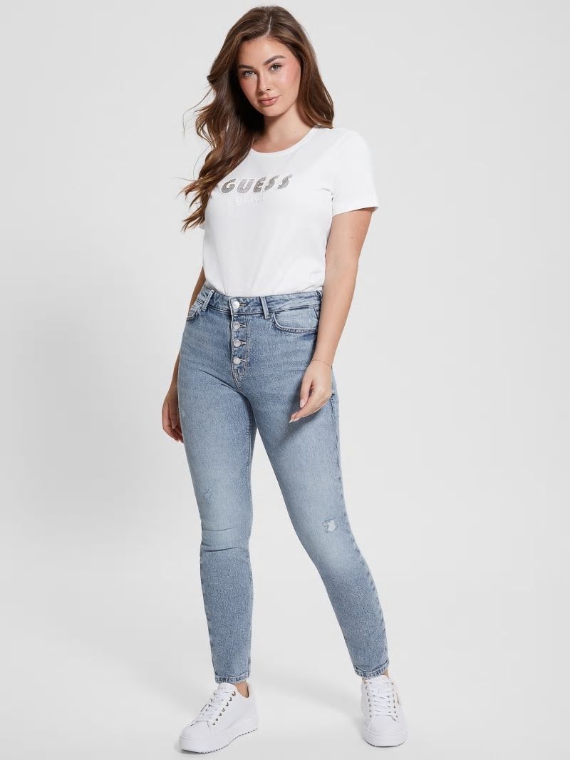 Guess Eco Crewneck Rhinestone Logo Tee - Pure White Guess Eco Crewneck Rhinestone Logo Tee - Pure White