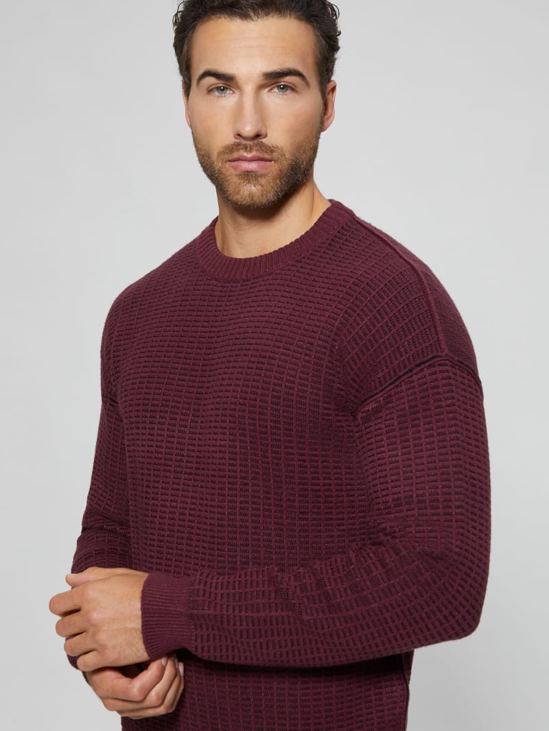 Guess Eco Two-Tone Waffle Sweater - Jet Black/Red Noir Multi Guess Eco Two-Tone Waffle Sweater - Jet Black/Red Noir Multi