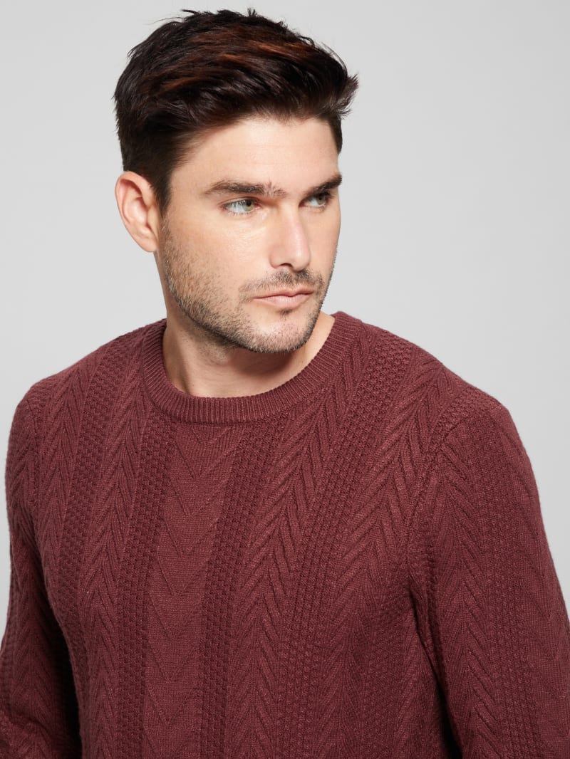 Guess Eco Ethan Cable Knit Sweater - Burgundy Shade Guess Eco Ethan Cable Knit Sweater - Burgundy Shade