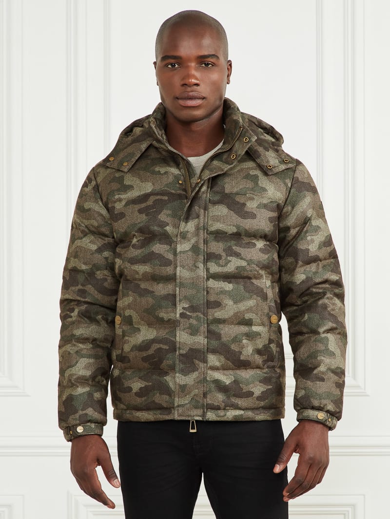 Guess Hooded Puffer Jacket - Camou Herringbone Melange Guess Hooded Puffer Jacket - Camou Herringbone Melange