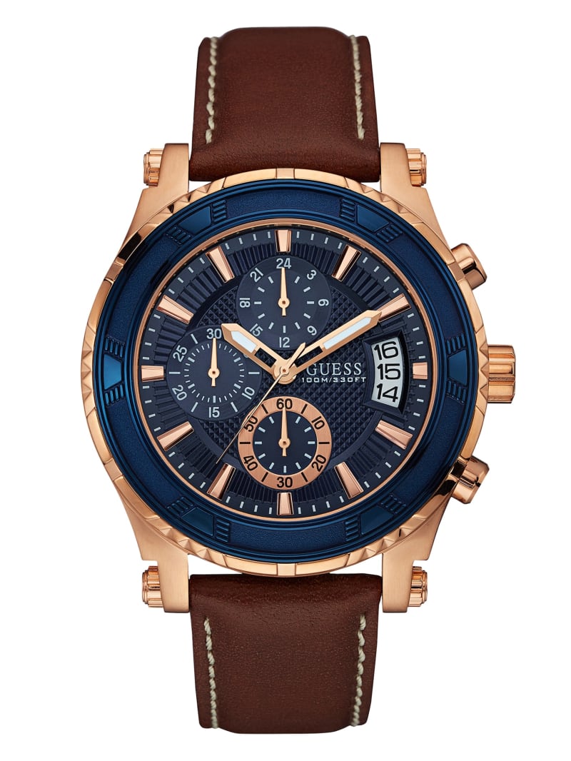 Guess Brown and Rose Gold-Tone Leather Sport Watch - Brown Multi Guess Brown and Rose Gold-Tone Leather Sport Watch - Brown Multi