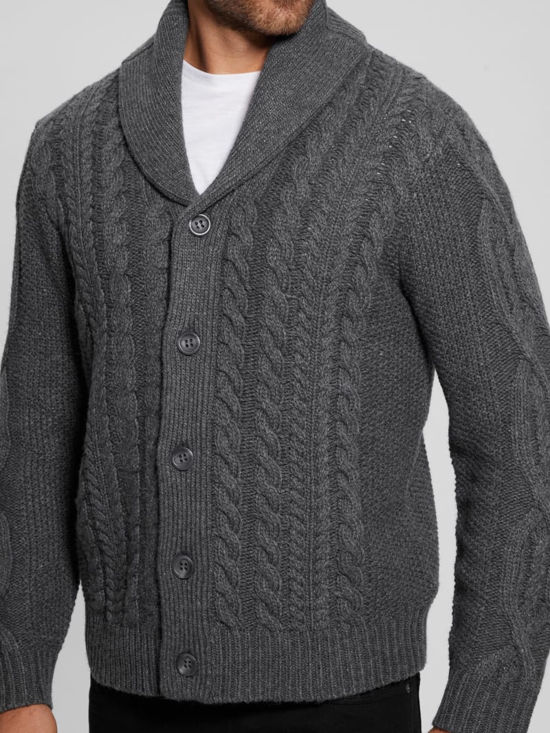 Guess Shane Celtic Cable-Knit Cardigan - Dark Coal Heather Guess Shane Celtic Cable-Knit Cardigan - Dark Coal Heather