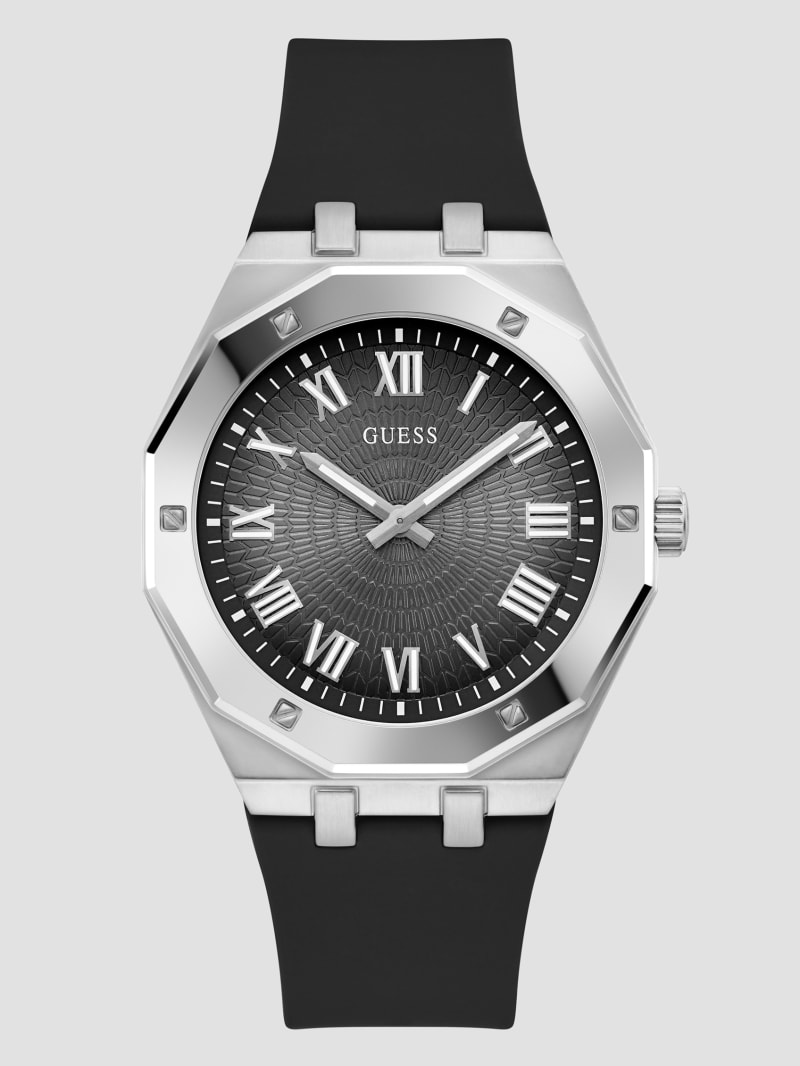 Guess Silver-Tone Silicon Analog Watch - Black Guess Silver-Tone Silicon Analog Watch - Black