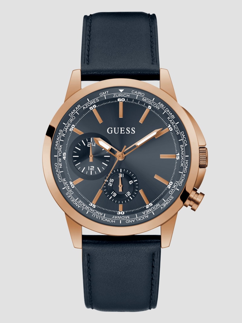 Guess Rose Gold-Tone and Navy Leather Multifunction Watch - Rainbow Guess Rose Gold-Tone and Navy Leather Multifunction Watch - Rainbow