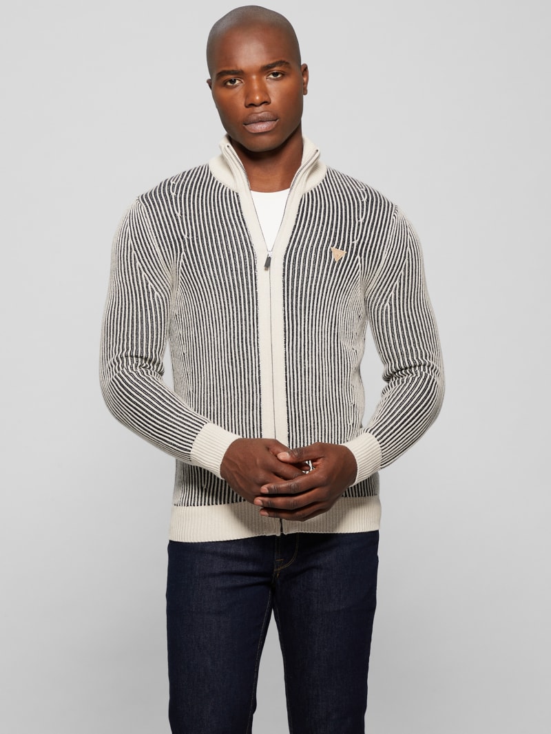 Guess Eco Alden Ribbed Cardigan Vanise Sweater - Muted Stone And Black Com Guess Eco Alden Ribbed Cardigan Vanise Sweater - Muted Stone And Black Com