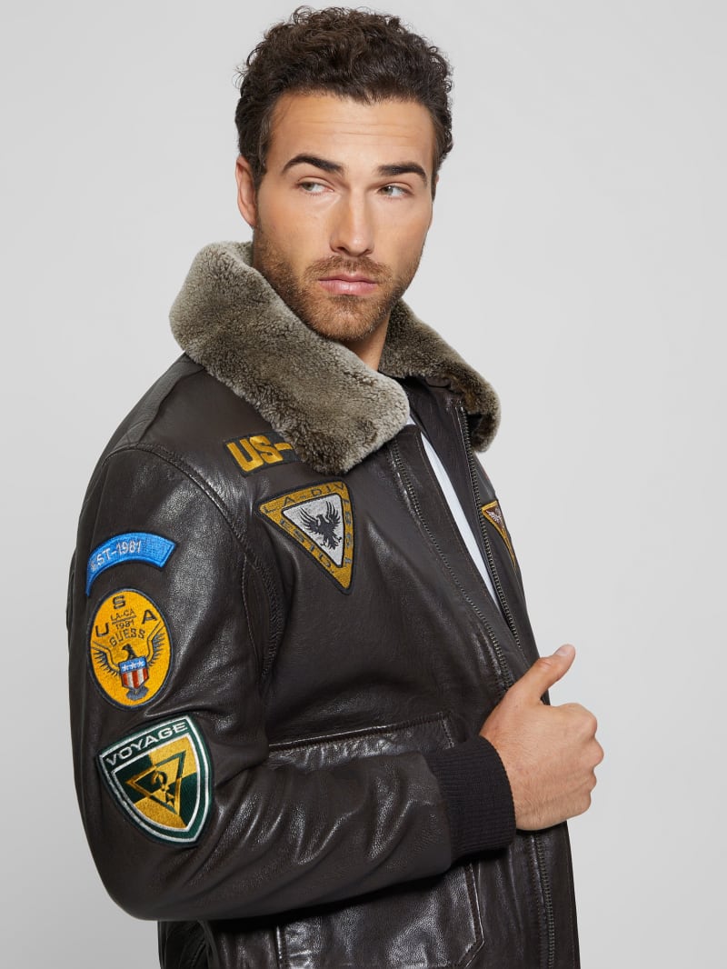 Guess Aviator Patched Leather Jacket - Brown Espresso Guess Aviator Patched Leather Jacket - Brown Espresso