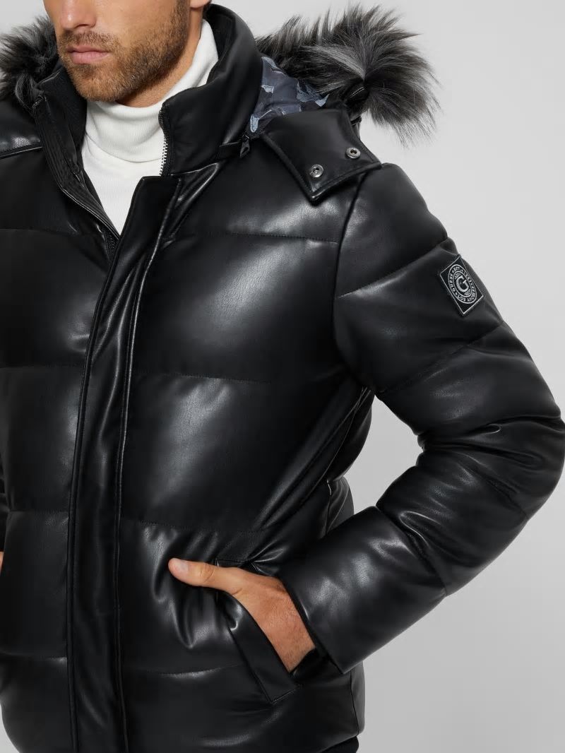 Guess Faux-Leather Hooded Puffer Jacket - Black Guess Faux-Leather Hooded Puffer Jacket - Black
