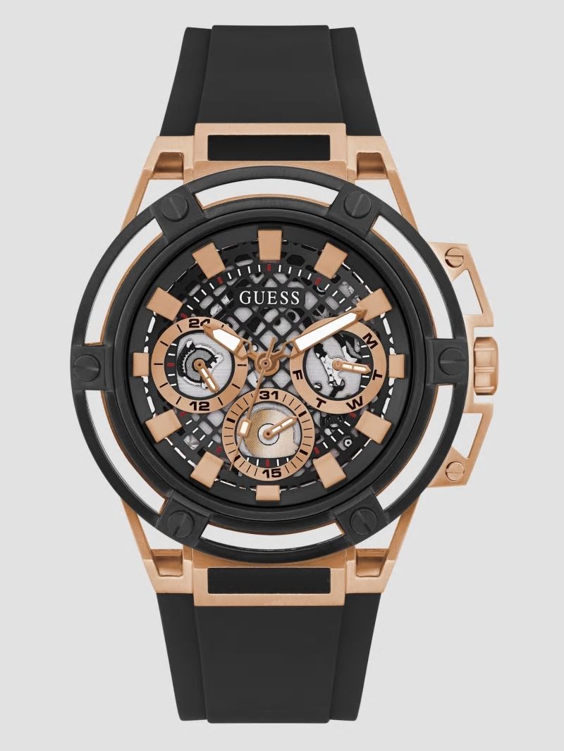 Guess Rose Gold-Tone and Black Silicone Multifunction Watch - Black Snakeskin Guess Rose Gold-Tone and Black Silicone Multifunction Watch - Black Snakeskin