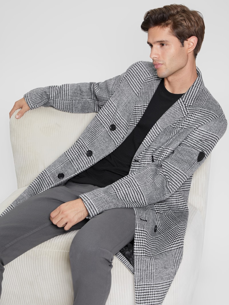 Guess Leo Glenn Wool-Blend Double-Breasted Coat - Jet Black Multi Guess Leo Glenn Wool-Blend Double-Breasted Coat - Jet Black Multi