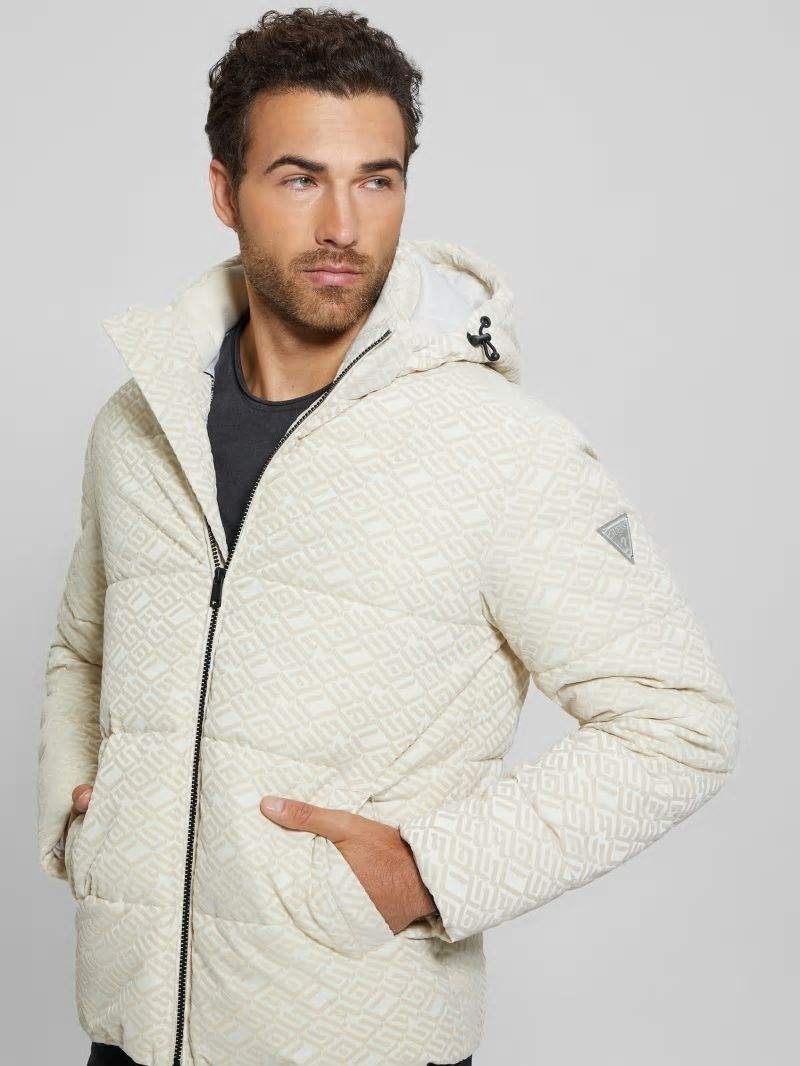 Guess Logo Hooded Puffer Jacket - Muted Stone Flock Guess Guess Logo Hooded Puffer Jacket - Muted Stone Flock Guess