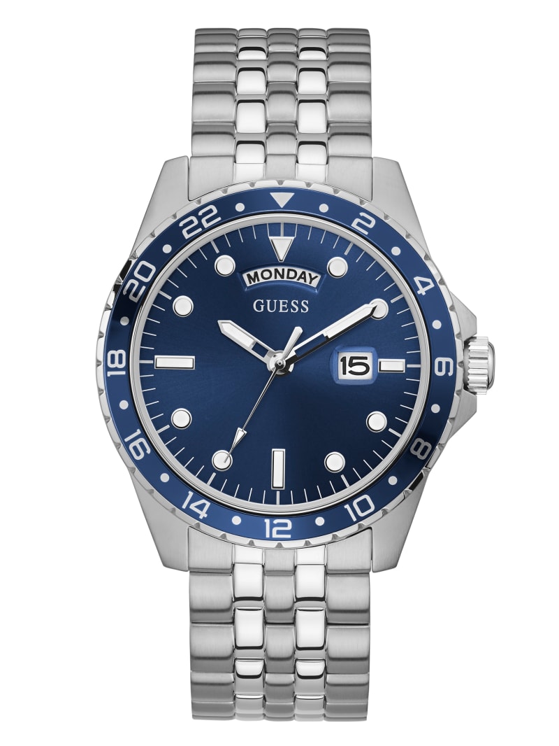 Guess Silver Tone and Blue Sport Watch - Silver Guess Silver Tone and Blue Sport Watch - Silver