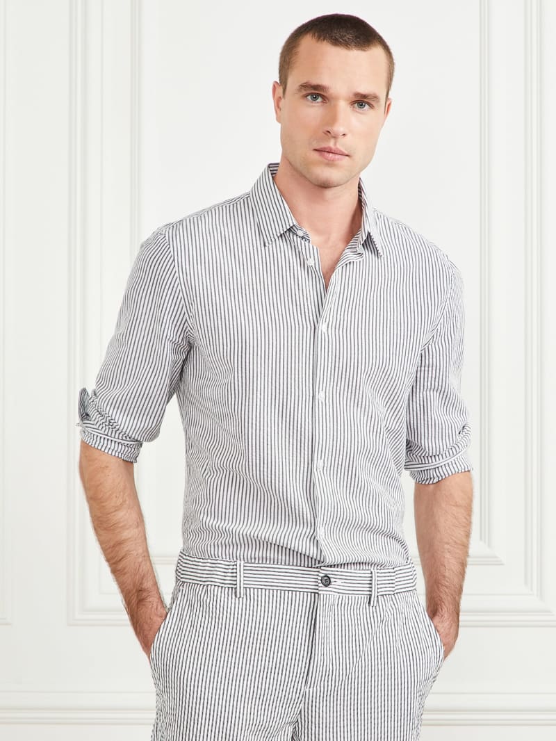 Guess Seersucker Italian Notched Cuff Shirt - Optical White & Blu Navy Guess Seersucker Italian Notched Cuff Shirt - Optical White & Blu Navy