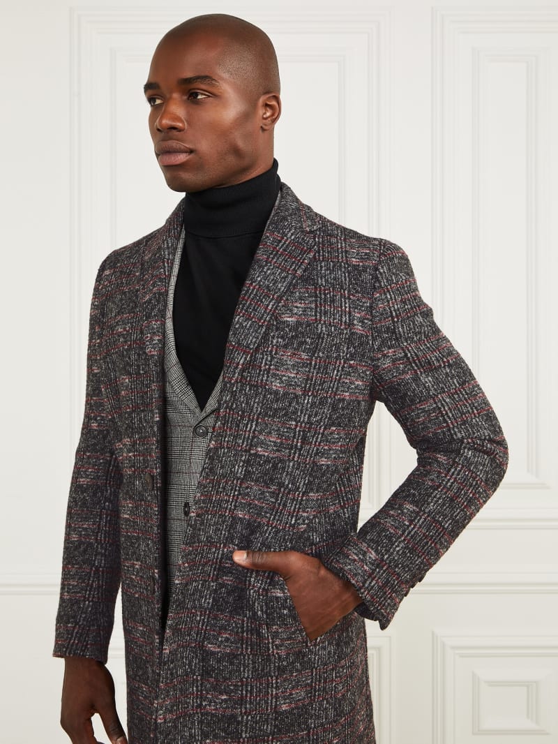 Guess Single Breasted Wool-Blend Coat - Black/White/Red Check Guess Single Breasted Wool-Blend Coat - Black/White/Red Check