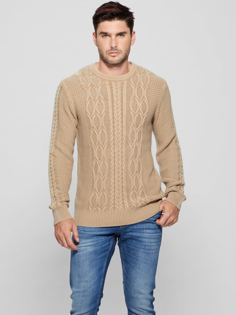 Guess Andy Cable Acid Wash Sweater - Travertine Sand Guess Andy Cable Acid Wash Sweater - Travertine Sand