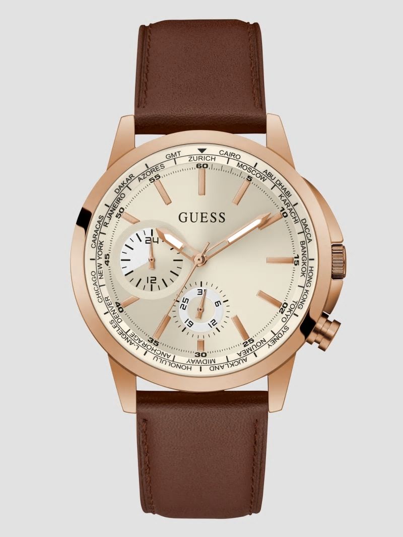 Guess Brown Leather Multifunction Watch - Brown Leather Guess Brown Leather Multifunction Watch - Brown Leather