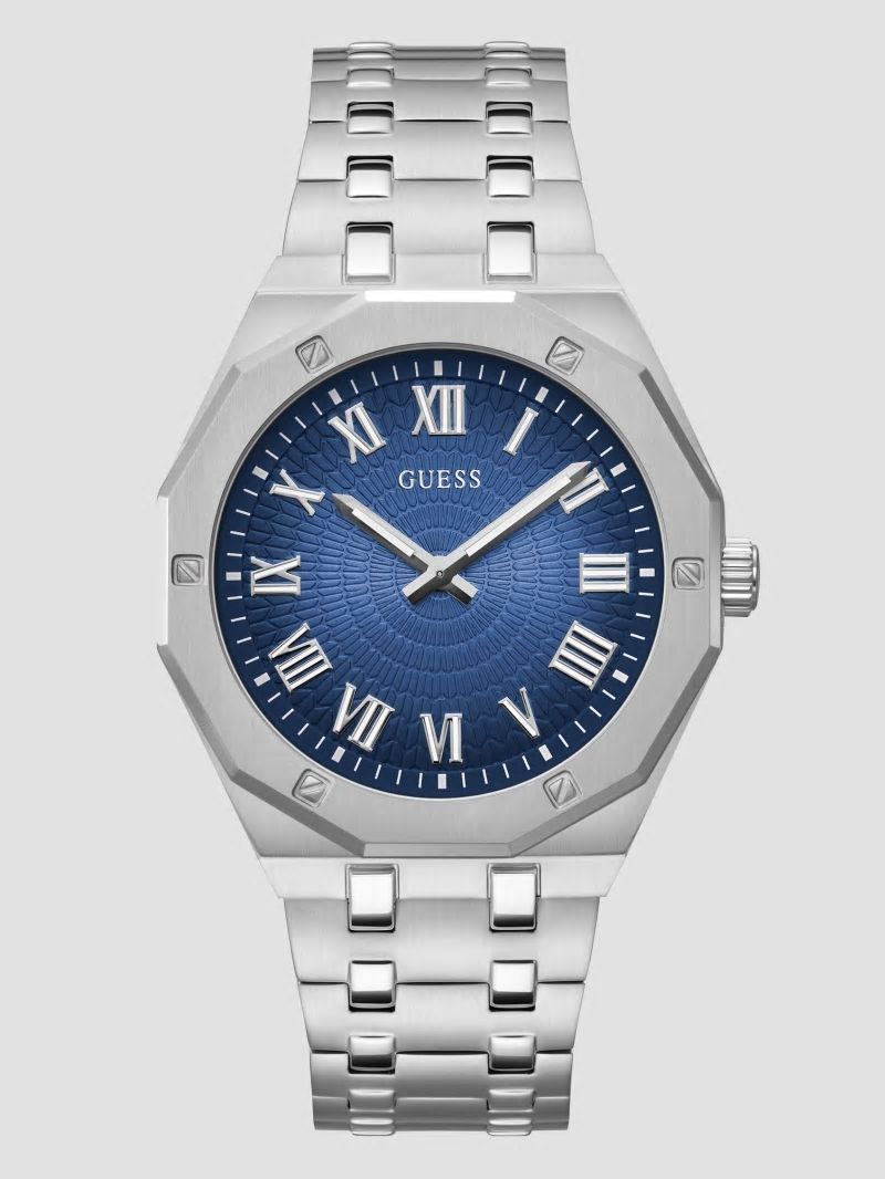 Guess Silver-Tone and Blue Octagonal Analog Watch - Silver Guess Silver-Tone and Blue Octagonal Analog Watch - Silver