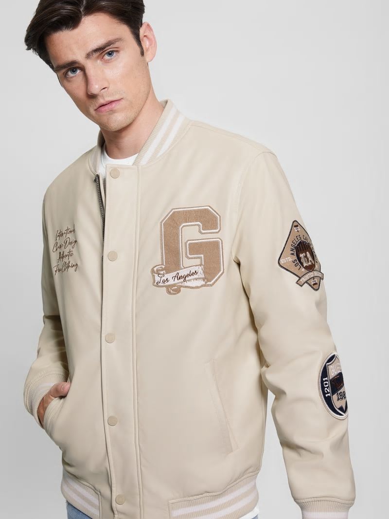 Guess Varsity Faux-Leather Flight Jacket - Quicksand Guess Varsity Faux-Leather Flight Jacket - Quicksand