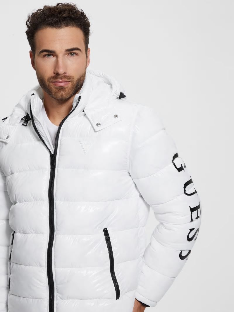 Guess Shiny Hooded Puffer Jacket - Pure White Guess Shiny Hooded Puffer Jacket - Pure White
