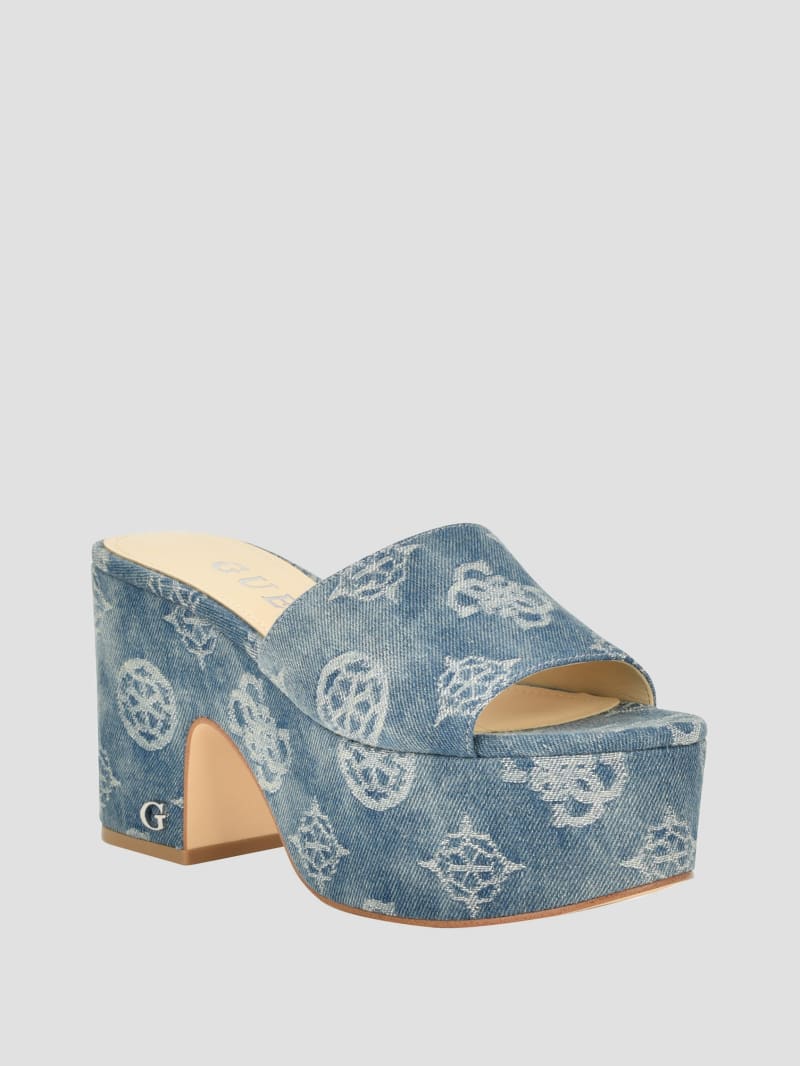Guess Yapplea Denim Peony G Platform Mules - Blue Guess Yapplea Denim Peony G Platform Mules - Blue