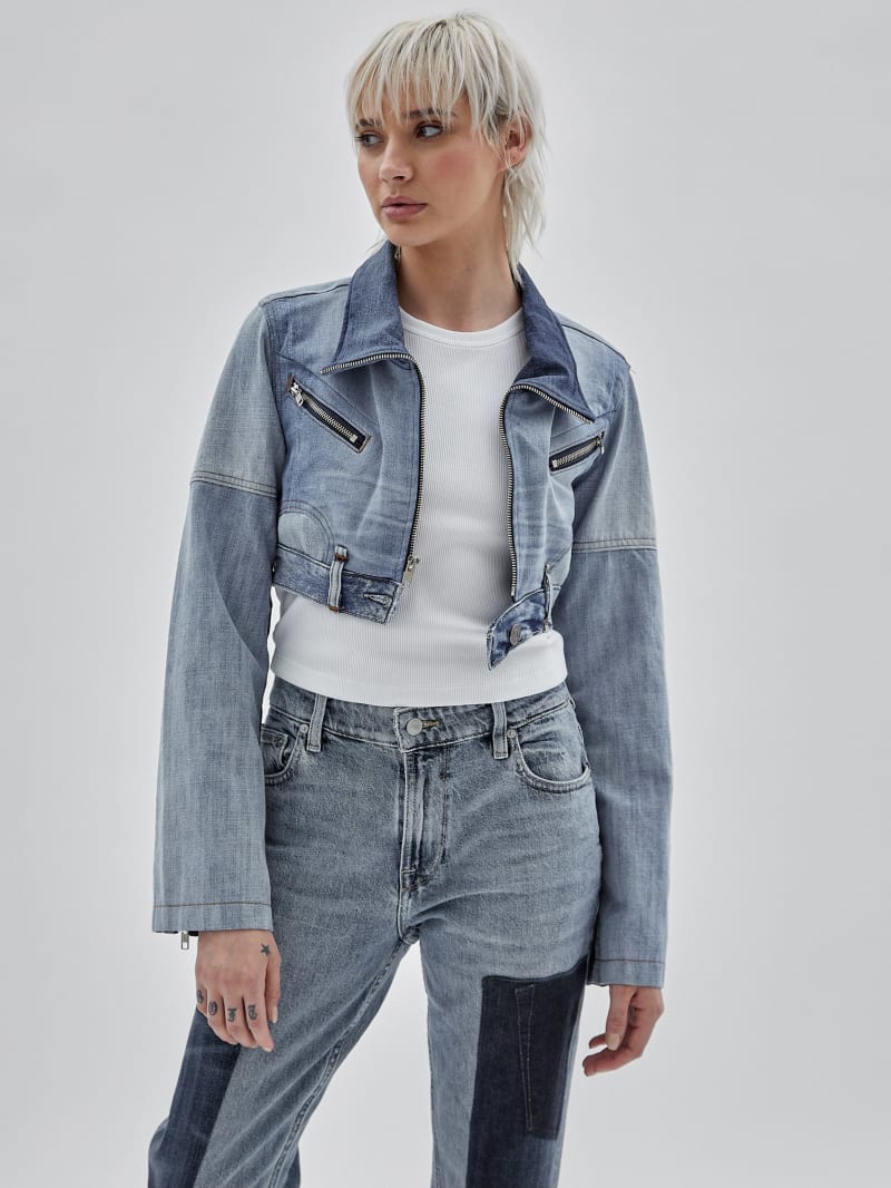 Guess GUESS Originals x Homeboy Upcycled Denim Moto Jacket - Upcycled Medium Wash Mult Guess GUESS Originals x Homeboy Upcycled Denim Moto Jacket - Upcycled Medium Wash Mult