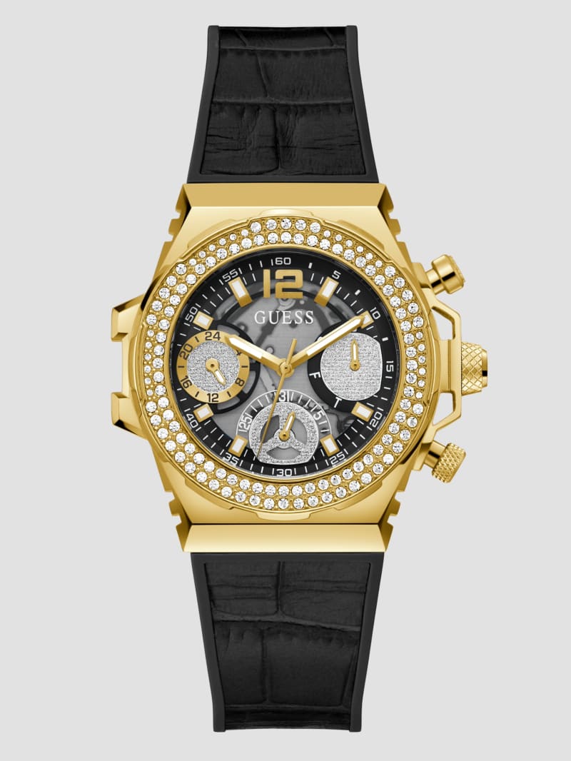 Guess Gold-Tone and Black Crocodile Leather Multifunction Watch - Black Snakeskin Guess Gold-Tone and Black Crocodile Leather Multifunction Watch - Black Snakeskin